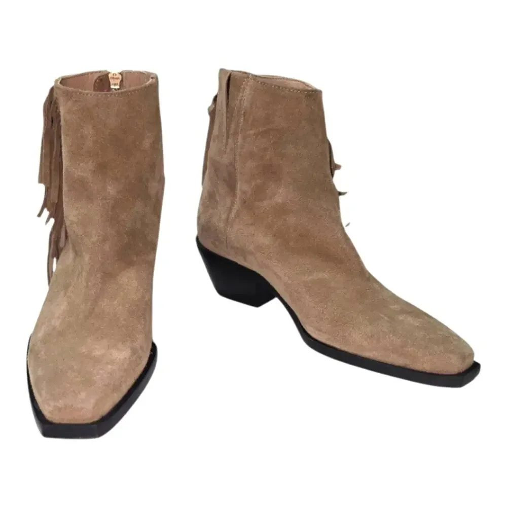 ALLSAINTS Layla Suede Fringe Bootie Cognac Sand BLOCK WESTERN‎ Boots 38 US 8